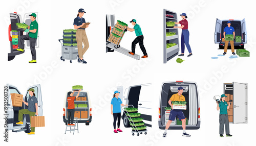 Vector illustration set of couriers and warehouse workers loading, unloading, and managing fresh produce and microgreens delivery from transport vans.