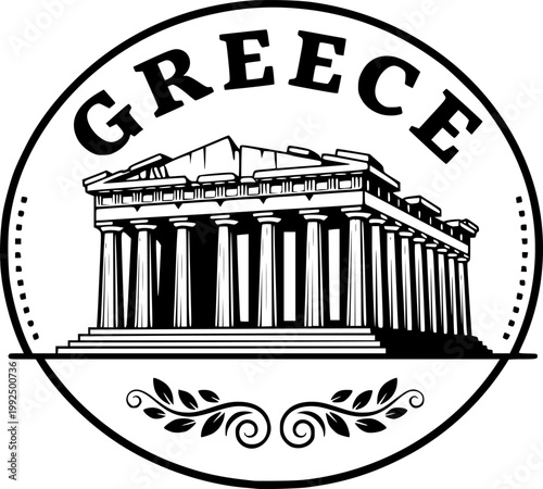 Vintage stamp illustration featuring the parthenon and the name greece
