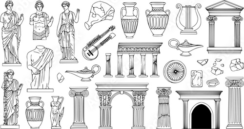 Antique greek sculptures cartoon vector set.