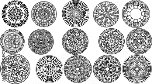 Vector set of decorative round frames with Greek ornaments in ethnic style.