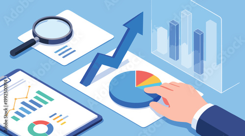 Business Analysis Infographic with Growth Arrow, Pie Chart, and Financial Reports