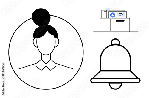 Human resources concept. Human resources symbols include profile avatar, job application documents, and notification bell. Human resources streamline job recruitment. For HR platforms, staffing