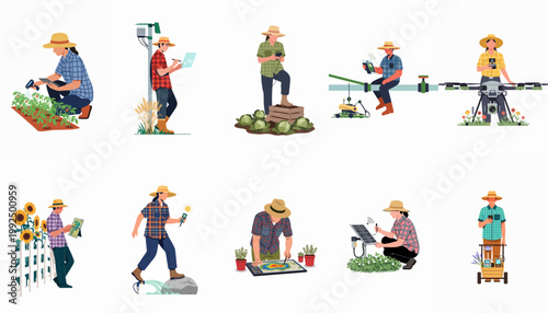 Flat vector set of farmers utilizing advanced smart agricultural technology, drones, and sensors for modern precision farming and data-driven crop management.