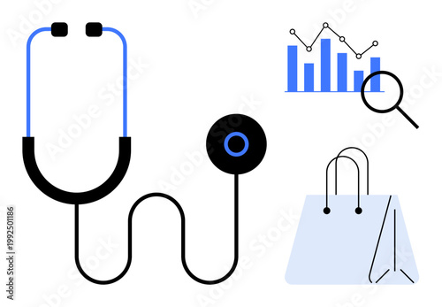 Healthcare, business analysis, e-commerce, data trends, economic growth, market research. Stethoscope, analytics chart and shopping bag icons. Healthcare and business analysis visual