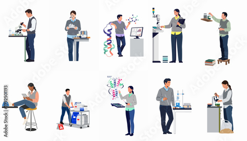 Collection of flat vector illustrations featuring diverse scientists and researchers performing various laboratory tasks, experiments, and data analysis in a professional science environment.