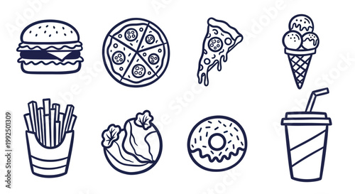 Delicious Fast Food Collection Hand Drawn Outline Icons.