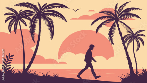 Tropical sunset beach scene with palm trees, warm pastel sky, ocean waves, birds, and walking man silhouette. Minimal vector style ideal for vacation posters and tourism ads.