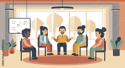 Diverse Group of People Engaged in a Group Therapy Session.