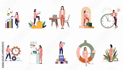 Businesswoman character set featuring professional female managing time, money, data, and KPIs for success in various workplace scenarios.