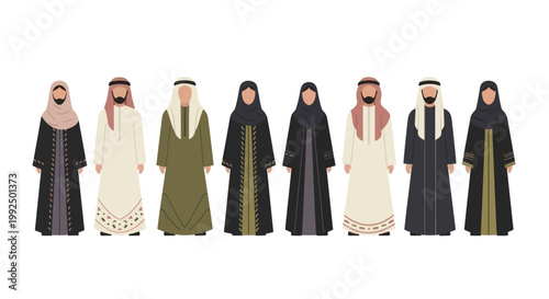 Diverse Group of Middle Eastern Men and Women in Traditional Clothing.