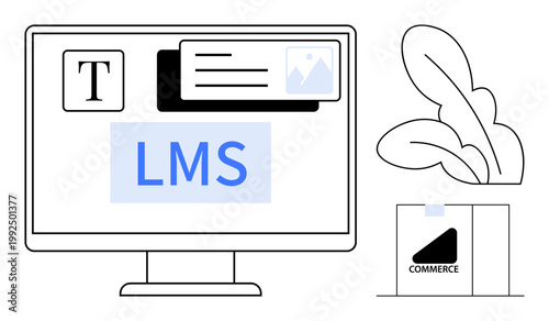 E-learning, online education, digital training, e-commerce platforms, course management, knowledge sharing. Computer screen showing LMS, text and image interface. E-learning and digital training