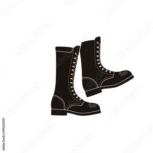 A pair of black leather combat boots with white stitching, perfect for military or fashion wear