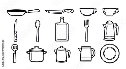 Essential Kitchen Utensils and Cookware Collection in Outline Style.
