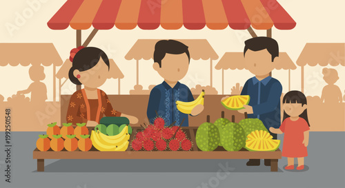 Family selling fresh fruits at a traditional market stall.