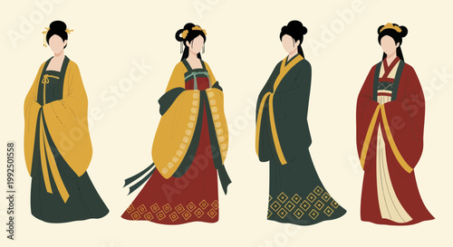 Four elegant women in traditional Chinese Hanfu dresses, showcasing ancient fashion and cultural heritage.
