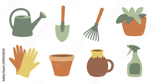 Gardening tools and equipment set for planting and horticulture.