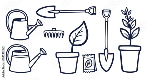 Gardening Tools and Plants Illustration Set.