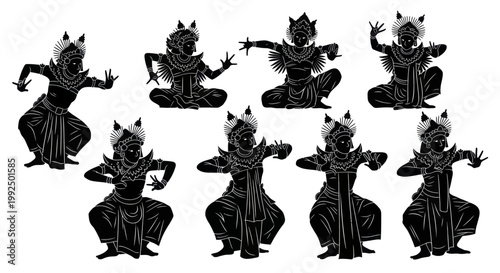 Group of Balinese Dancers in Traditional Costumes Performing.