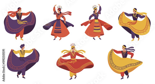 Group of Dancers in Traditional Colorful Costumes Performing.