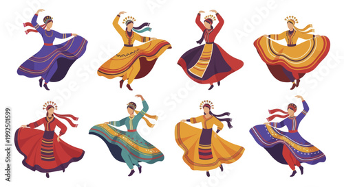 Group of Diverse Women Performing Traditional Folk Dances in Colorful Attire.