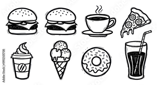 Hand drawn fast food and drink items collection in black and white.