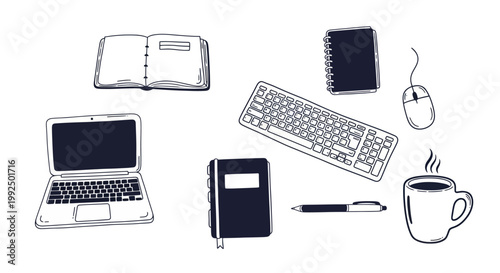 Hand drawn illustration of office supplies and technology items.