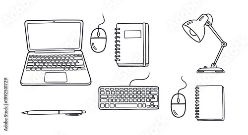 Hand drawn office supplies and computer accessories for work and study.