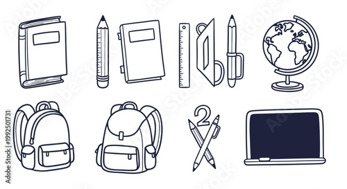 Hand drawn school supplies and education elements collection.