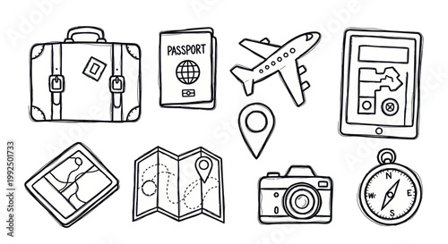 Hand drawn travel and tourism icons set for vacation planning.