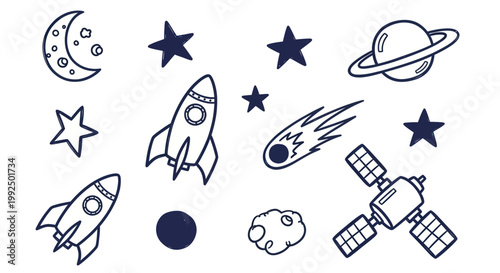 Hand drawn space elements collection with rockets planets and stars.