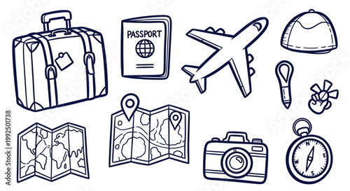 Hand drawn travel and vacation essentials doodle set with suitcase passport airplane map camera and compass.