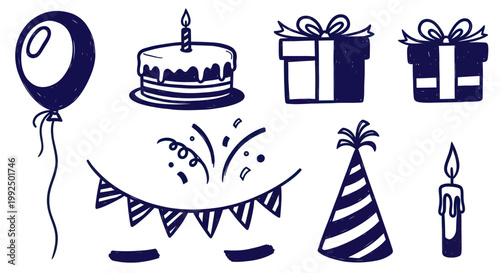 Hand-drawn birthday party elements set with cake, gifts, balloon, and festive decorations.
