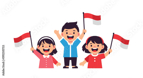 Children holding Indonesian flags smiling.