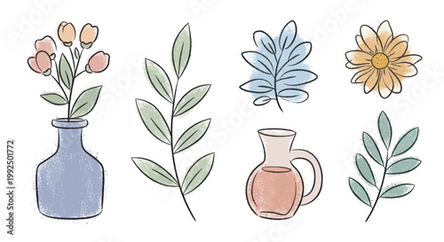 Hand-drawn Botanical Elements with Vases and Leaves in Watercolor Style.