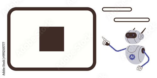 Artificial intelligence, automation, robotics, user interfaces, machine learning, futuristic design. Robot with AI emblem pointing at a geometric interface. Artificial intelligence and automation