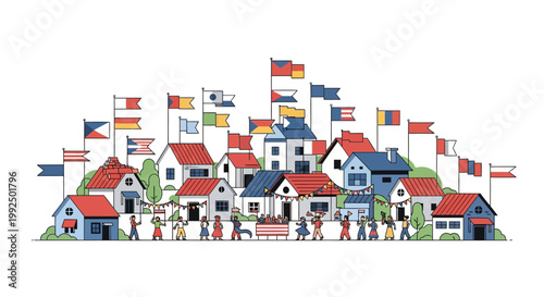 Colorful Flags Flying Above Houses.