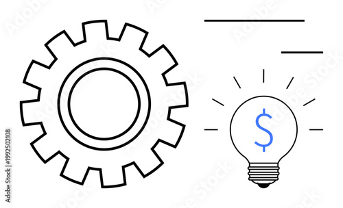 Innovation, financial planning, economic concepts, business growth, mechanical processes, creative ideas. Gear alongside a light bulb with a dollar sign. Innovation and financial planning concept