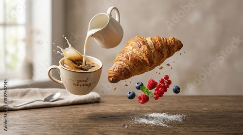 Floating Breakfast Scene with Croissant Coffee and Fresh Berries.