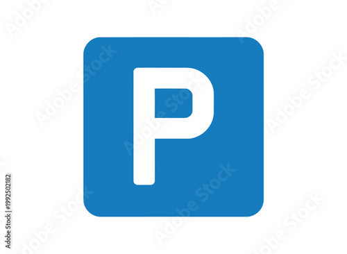 A blue parking sign with a white letter P on a plain background