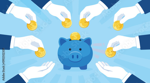Collaborative Investment and Savings Concept with Blue Piggy Bank and Hands Giving Coins