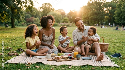 Happy multiethnic family enjoying a picnic in the park at sunset.
