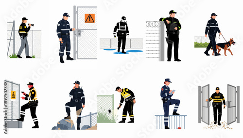 Fotografie Security Guard and Patrol Officer Set Featuring Various Surveillance Scenarios a