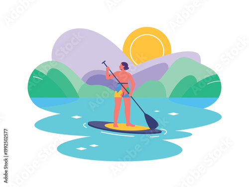 A person paddleboarding on a serene lake during a vibrant sunset surrounded by nature