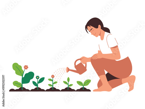 A woman kneeling and watering plants with a watering can in a serene and peaceful environment.