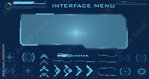 High-tech abstract UI display panels with glowing geometric design on a digital grid