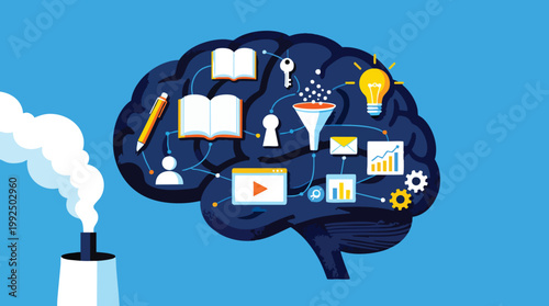 Creative Brain Concept with Education and Data Processing Icons on Blue Background