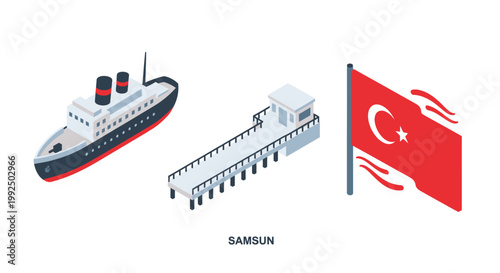 Isometric Samsun symbols with Bandirma Ferry pier and Turkish flag