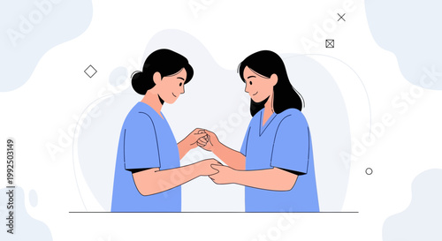 Two nurses holding hands, comforting patient, healthcare support, empathy, compassion