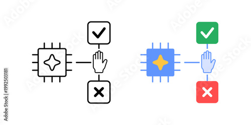 Human override decision symbol. AI node sending output intercepted by human hand before final decision. Human control over AI suggestion concept. Simple geometric illustration.