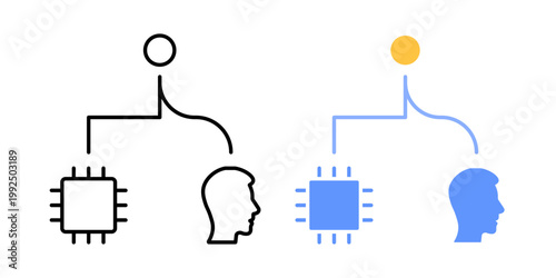 Dual decision path symbol. Single input splitting into straight and curved paths. AI versus human decision approach concept. Simple geometric illustration.